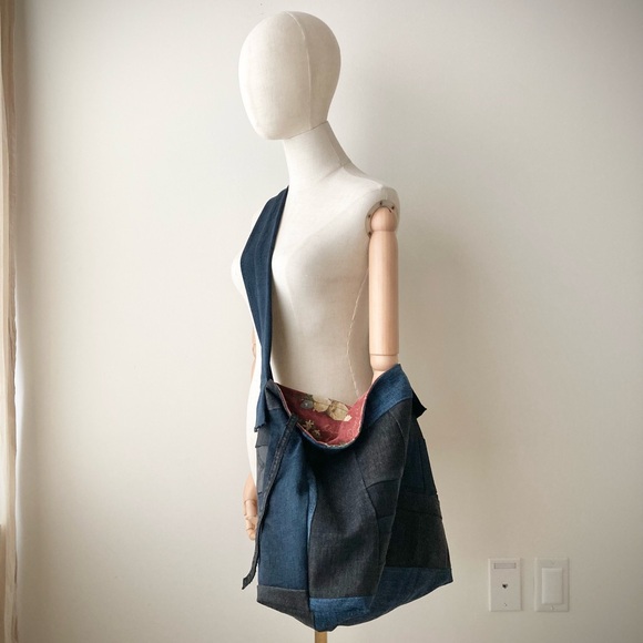 joodito origami boro crossbody bag japanese denim patchwork oversized slouchy - Picture 3 of 9